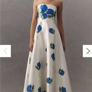 Strapless White Dress with Blue Floral Print